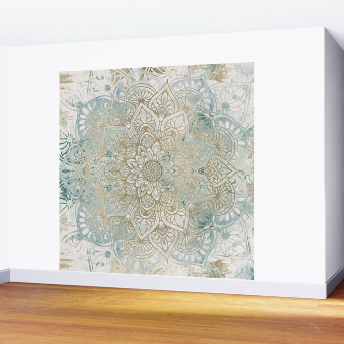 Yoga, Mandala, Teal and Gold, Wall Art Boho Wall Mural Gallery Image 2