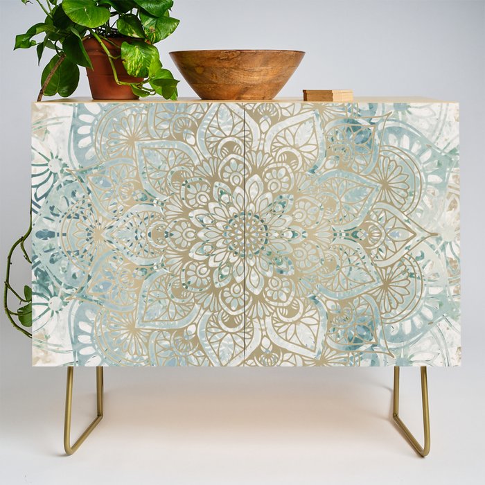 Yoga, Mandala, Teal and Gold, Wall Art Boho Credenza Gallery Image 1