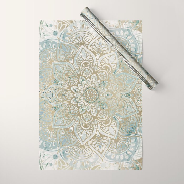 Yoga, Mandala, Teal and Gold, Wall Art Boho Wrapping Paper Gallery Image 1