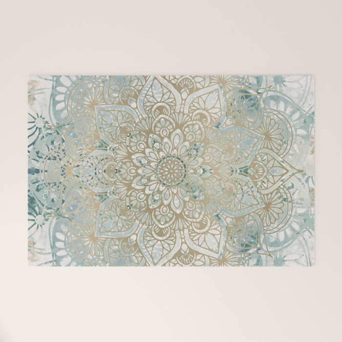 Yoga, Mandala, Teal and Gold, Wall Art Boho Welcome Mat Gallery Image 1