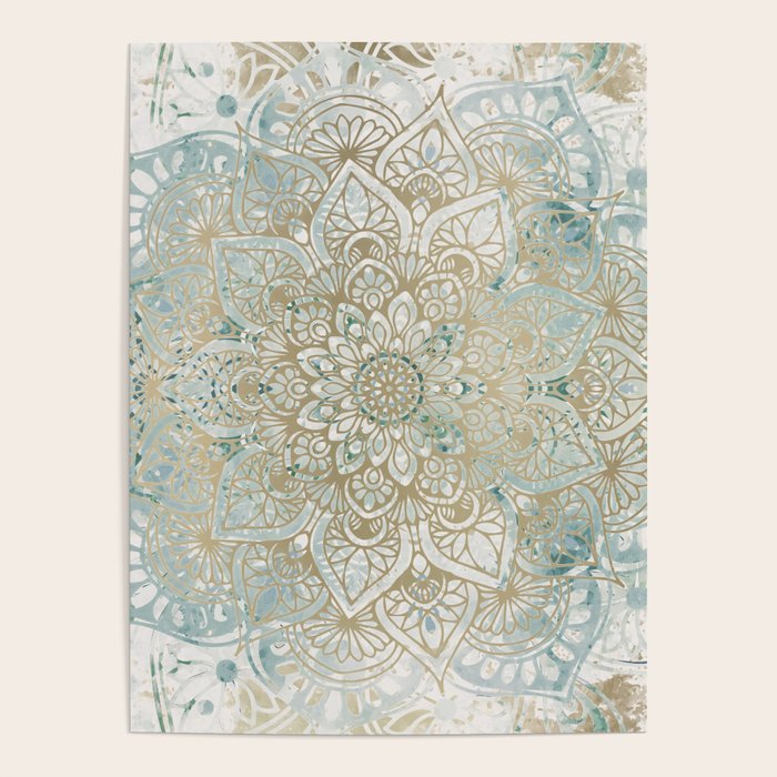 Yoga, Mandala, Teal and Gold, Wall Art Boho Poster Gallery Image 4
