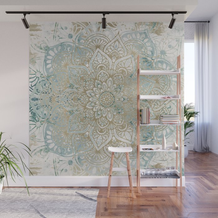 Yoga, Mandala, Teal and Gold, Wall Art Boho Wall Mural Gallery Image 1