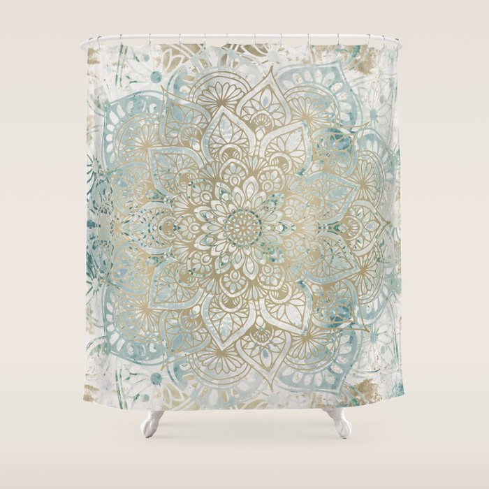 Yoga, Mandala, Teal and Gold, Wall Art Boho Shower Curtain Gallery Image 1