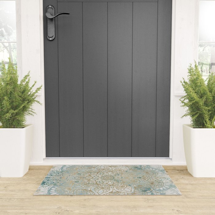 Yoga, Mandala, Teal and Gold, Wall Art Boho Welcome Mat Gallery Image 3