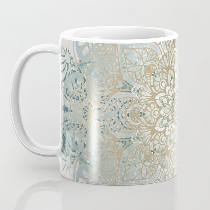 Yoga, Mandala, Teal and Gold, Wall Art Boho Coffee Mug Gallery Image 3