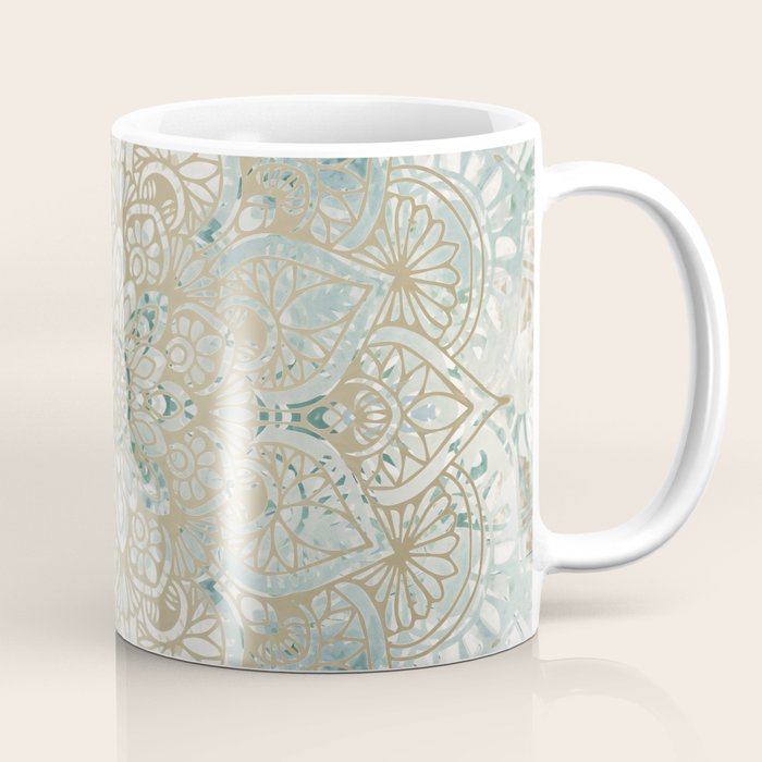 Yoga, Mandala, Teal and Gold, Wall Art Boho Coffee Mug Gallery Image 1