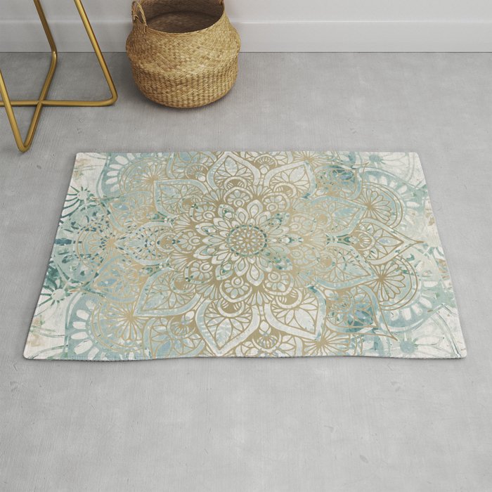 Yoga, Mandala, Teal and Gold, Wall Art Boho Rug Gallery Image 1