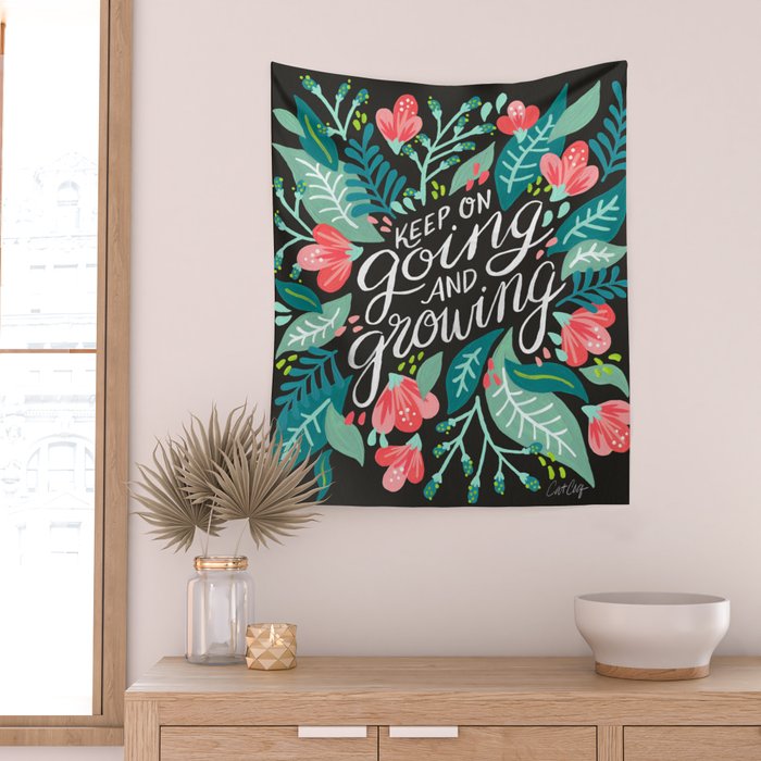Keep on Going & Growing â Pink on Charcoal Wall Tapestry Gallery Image 2