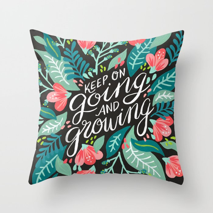 Keep on Going & Growing â Pink on Charcoal Throw Pillow Gallery Image 1