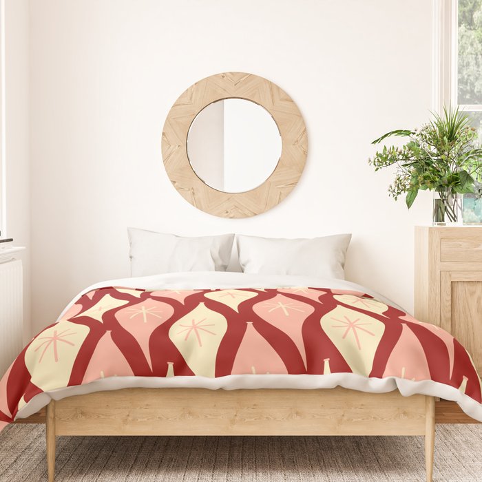 Mid Century Modern Atomic Christmas Ornaments Blush Pink and Maroon Pattern Duvet Cover Gallery Image 3