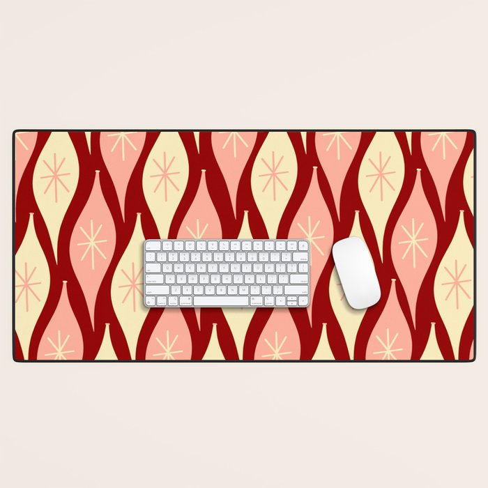 Mid Century Modern Atomic Christmas Ornaments Blush Pink and Maroon Pattern Desk Mat Gallery Image 1