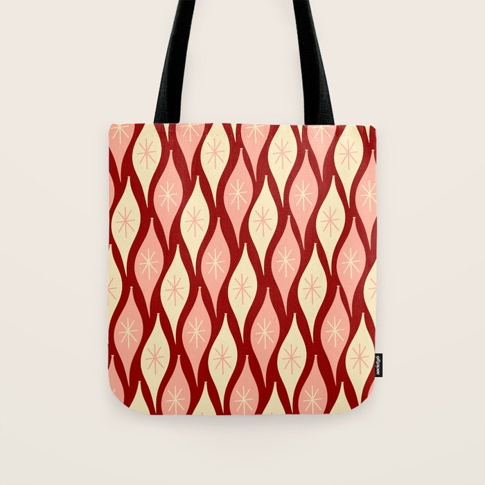 Mid Century Modern Atomic Christmas Ornaments Blush Pink and Maroon Pattern Tote Bag Gallery Image 1