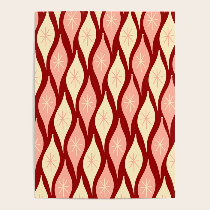 Mid Century Modern Atomic Christmas Ornaments Blush Pink and Maroon Pattern Poster Gallery Image 1