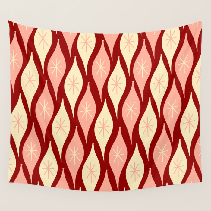 Mid Century Modern Atomic Christmas Ornaments Blush Pink and Maroon Pattern Wall Tapestry Gallery Image 4