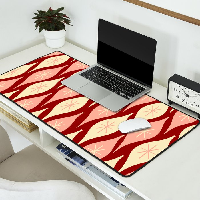 Mid Century Modern Atomic Christmas Ornaments Blush Pink and Maroon Pattern Desk Mat Gallery Image 2