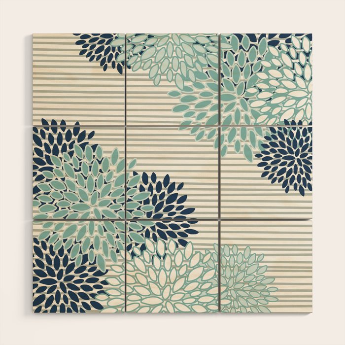 Festive, Floral Prints and Stripes, Teal and Blue Wood Wall Art Gallery Image 1