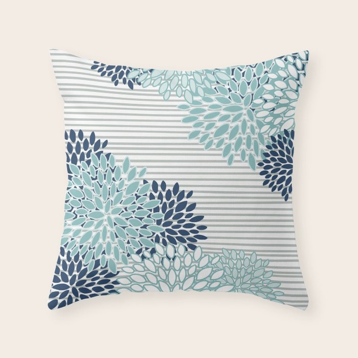 Festive, Floral Prints and Stripes, Teal and Blue Throw Pillow Gallery Image 6