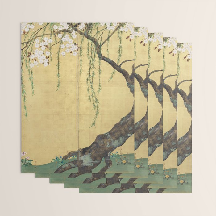 Cherry Tree Japanese Edo Period Six-Panel Gold Leaf Screen Wrapping Paper Gallery Image 3