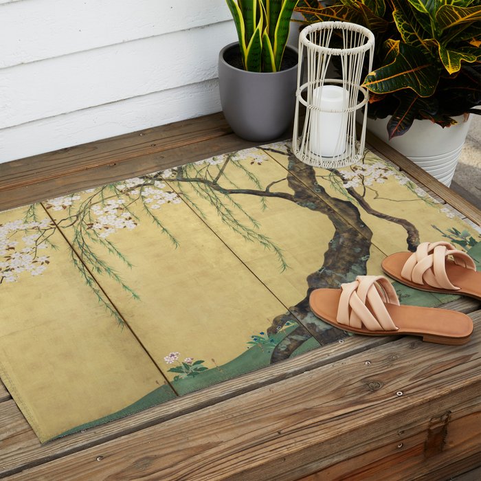 Cherry Tree Japanese Edo Period Six-Panel Gold Leaf Screen Outdoor Rug Gallery Image 2