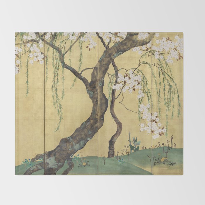 Cherry Tree Japanese Edo Period Six-Panel Gold Leaf Screen Throw Blanket Gallery Image 2