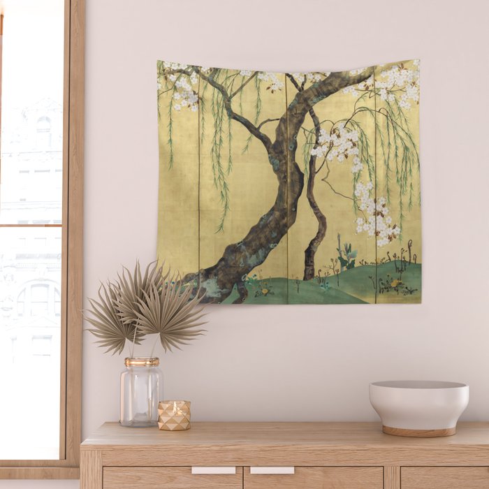 Cherry Tree Japanese Edo Period Six-Panel Gold Leaf Screen Wall Tapestry Gallery Image 2