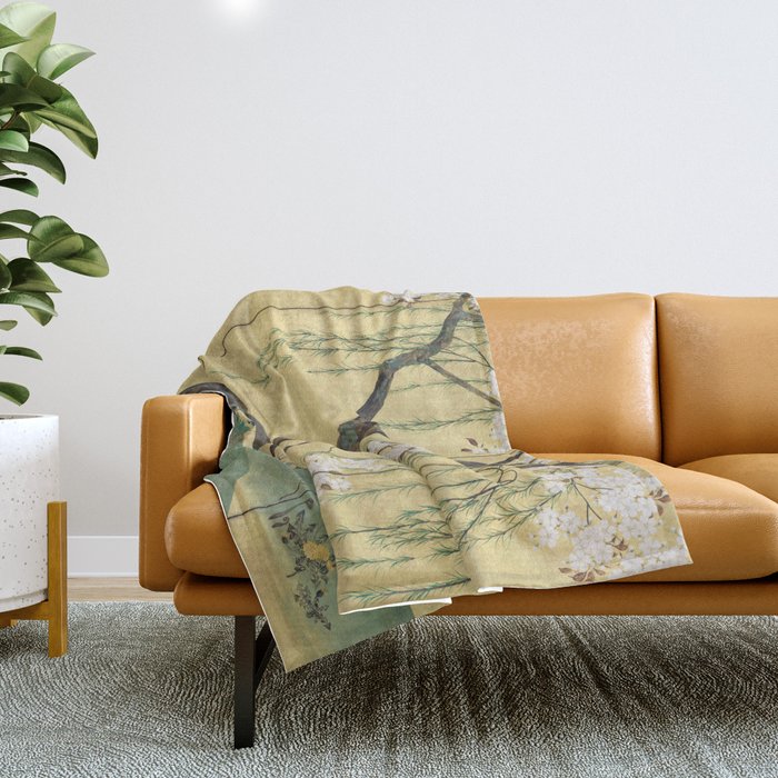 Cherry Tree Japanese Edo Period Six-Panel Gold Leaf Screen Throw Blanket Gallery Image 1