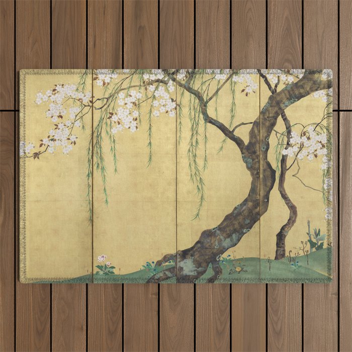 Cherry Tree Japanese Edo Period Six-Panel Gold Leaf Screen Outdoor Rug Gallery Image 1