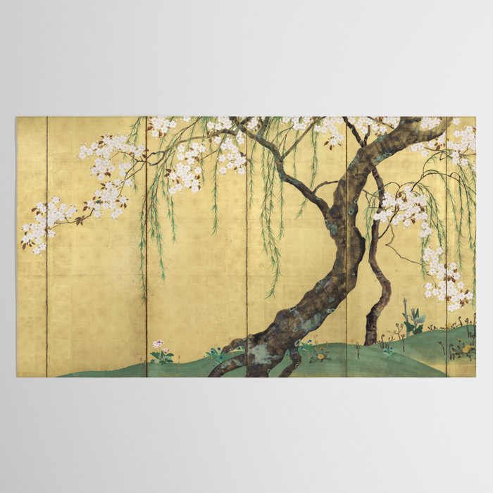 Cherry Tree Japanese Edo Period Six-Panel Gold Leaf Screen Tablecloth Gallery Image 2