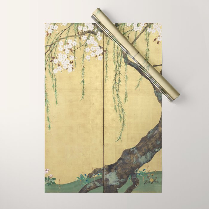 Cherry Tree Japanese Edo Period Six-Panel Gold Leaf Screen Wrapping Paper Gallery Image 1
