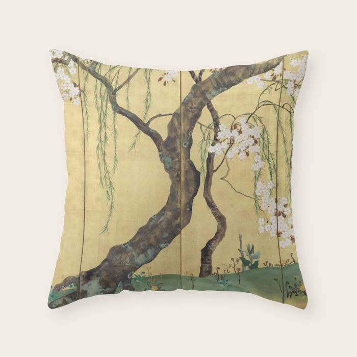 Cherry Tree Japanese Edo Period Six-Panel Gold Leaf Screen Throw Pillow Gallery Image 6