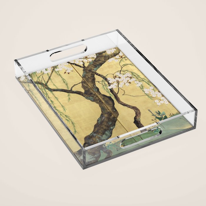 Cherry Tree Japanese Edo Period Six-Panel Gold Leaf Screen Acrylic Tray Gallery Image 1