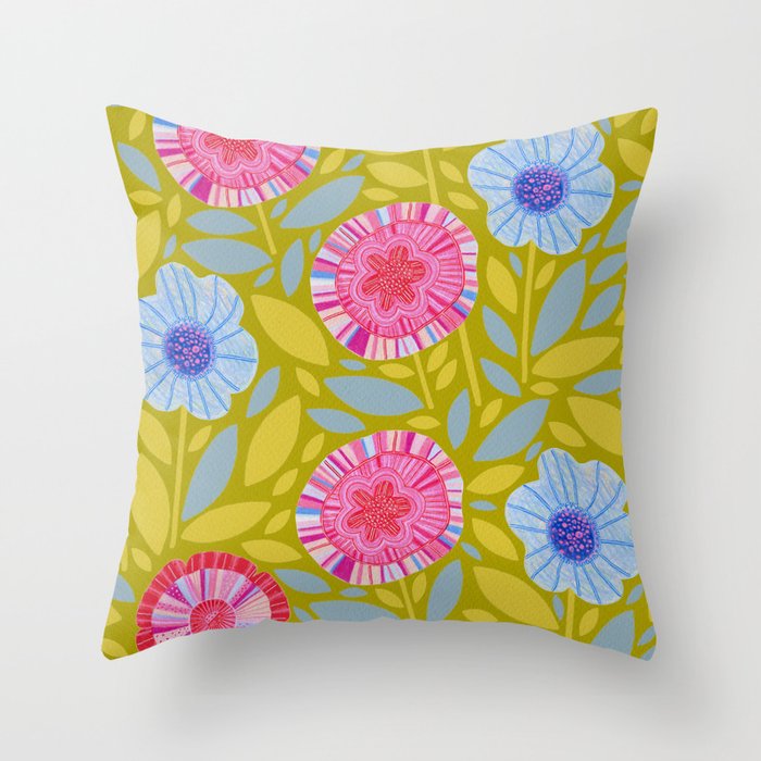 Folk Floral Blossoms in Moss Green Throw Pillow Gallery Image 6