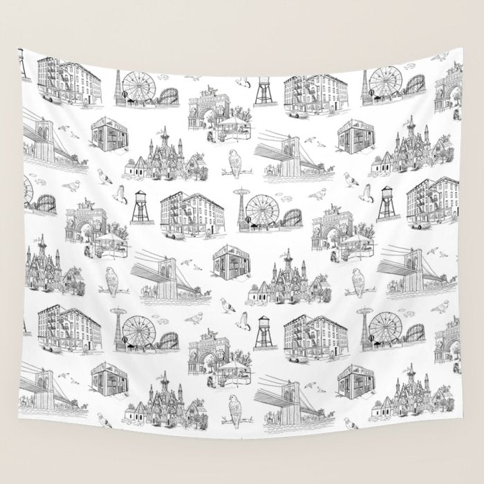 Brooklyn Toile - Black and White Wall Tapestry Gallery Image 1