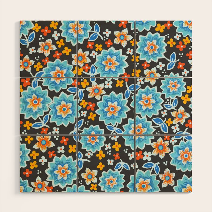 Blue Floral Retro Wood Wall Art Gallery Image 1