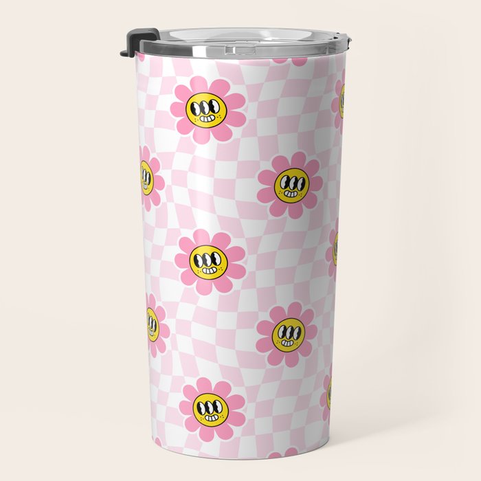 Funny retro flower cartoon checkered pattern Travel Mug Gallery Image 3