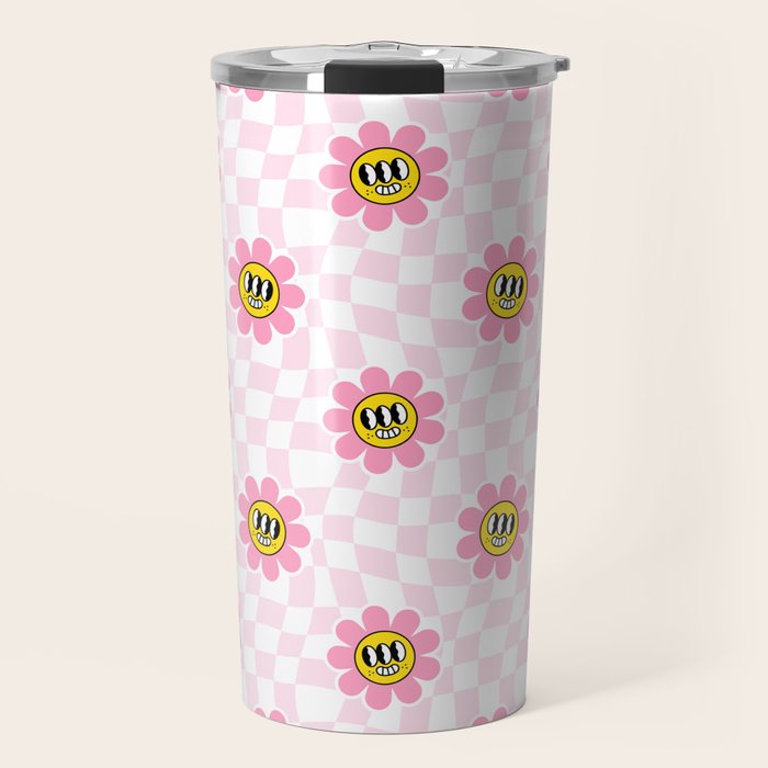 Funny retro flower cartoon checkered pattern Travel Mug Gallery Image 1