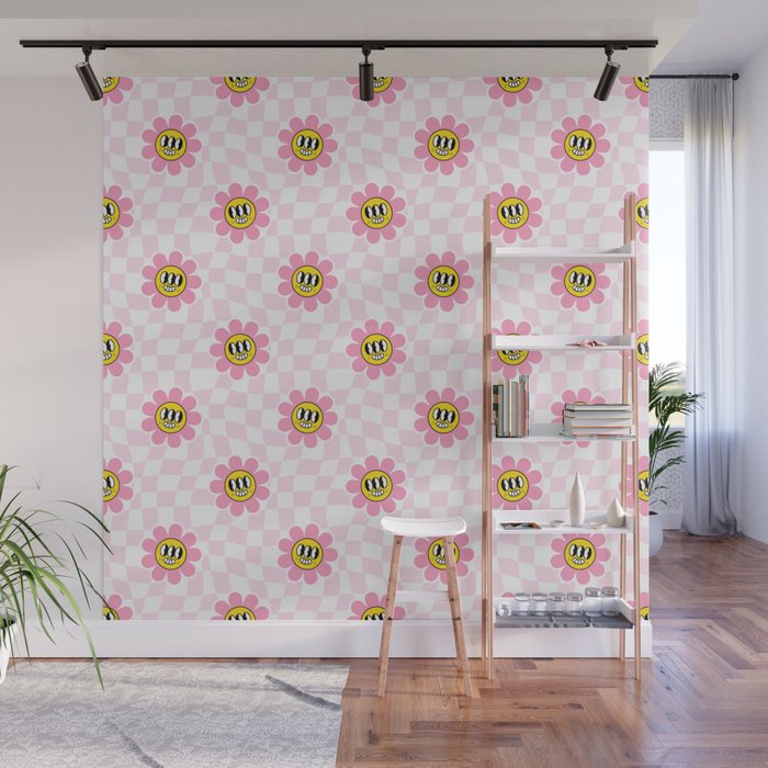 Funny retro flower cartoon checkered pattern Wall Mural Gallery Image 1