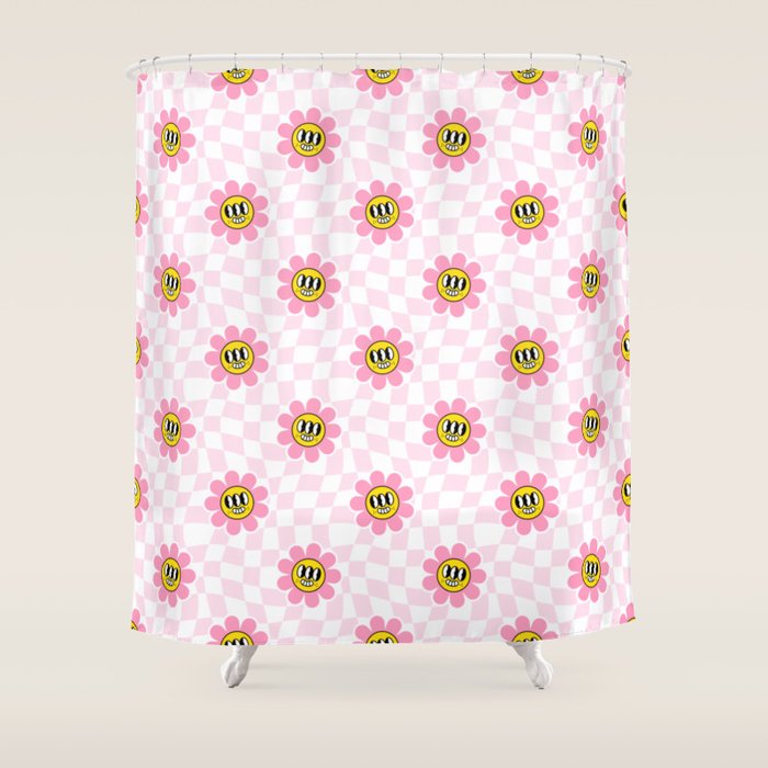 Funny retro flower cartoon checkered pattern Shower Curtain Gallery Image 1