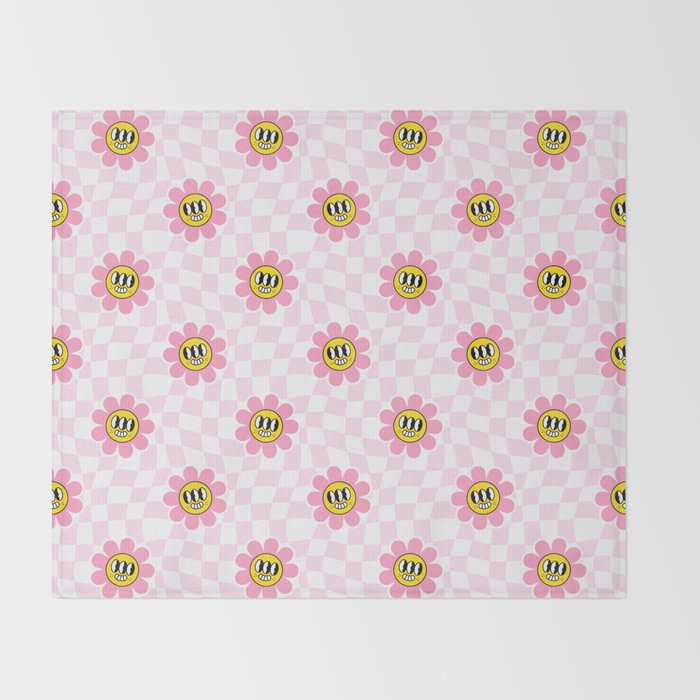 Funny retro flower cartoon checkered pattern Throw Blanket Gallery Image 2