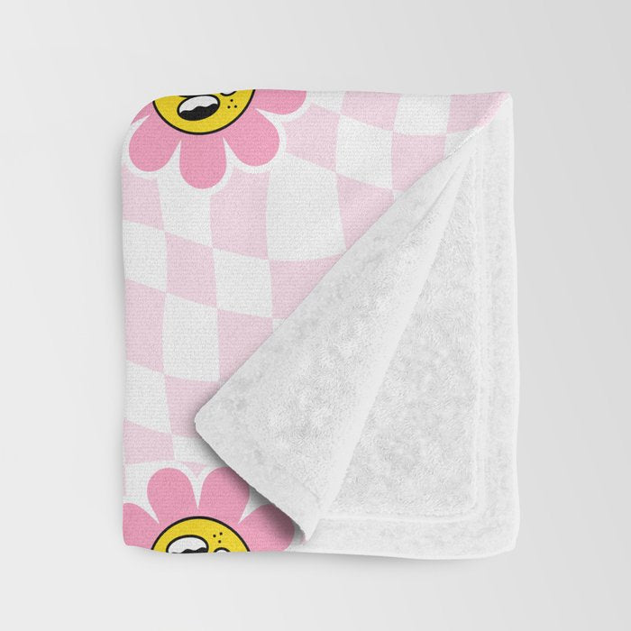 Funny retro flower cartoon checkered pattern Throw Blanket Gallery Image 3