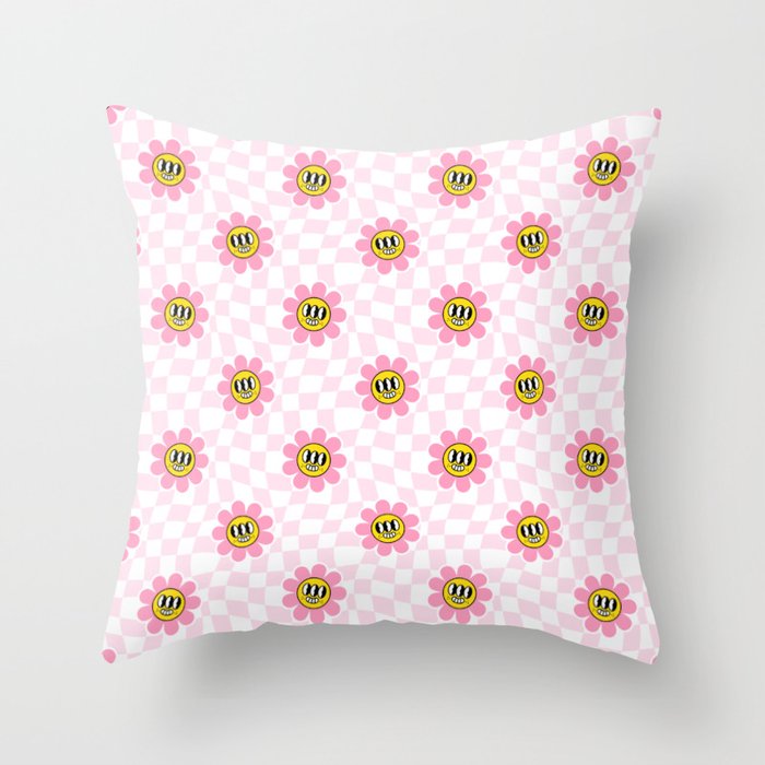 Funny retro flower cartoon checkered pattern Throw Pillow Gallery Image 6