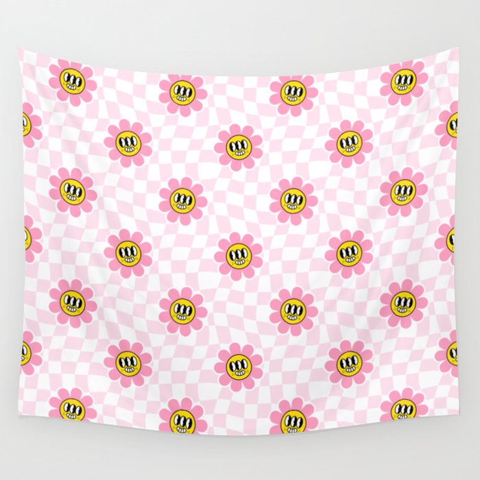 Funny retro flower cartoon checkered pattern Wall Tapestry Gallery Image 4