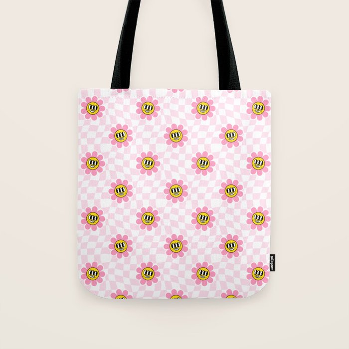 Funny retro flower cartoon checkered pattern Tote Bag Gallery Image 1