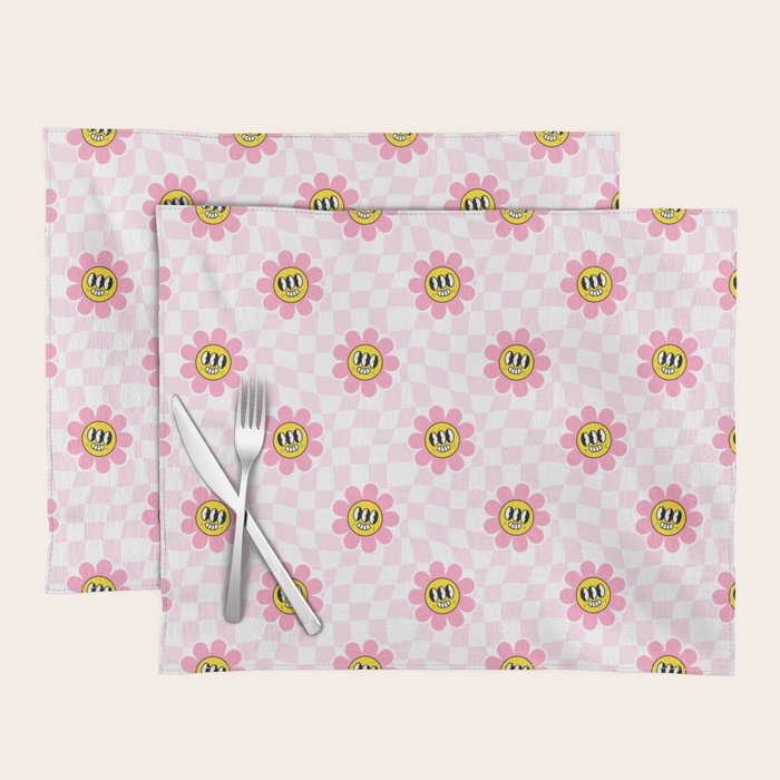 Funny retro flower cartoon checkered pattern Placemat Gallery Image 1
