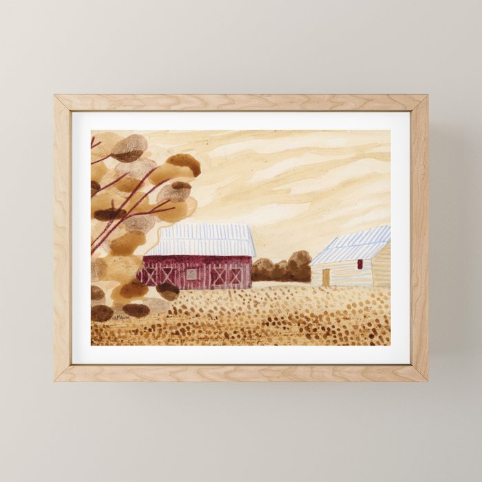 Rustic Country Barn Painting in Yellow Ochre & Brown Mini Art Print Gallery Image 1