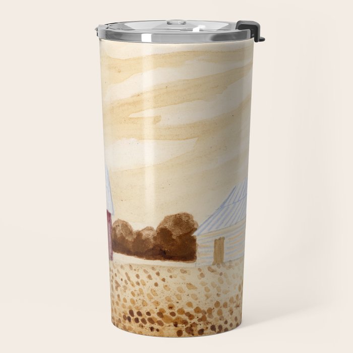Rustic Country Barn Painting in Yellow Ochre & Brown Travel Mug Gallery Image 2
