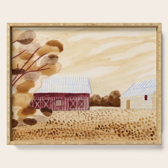 Rustic Country Barn Painting in Yellow Ochre & Brown Serving Tray Gallery Image 1