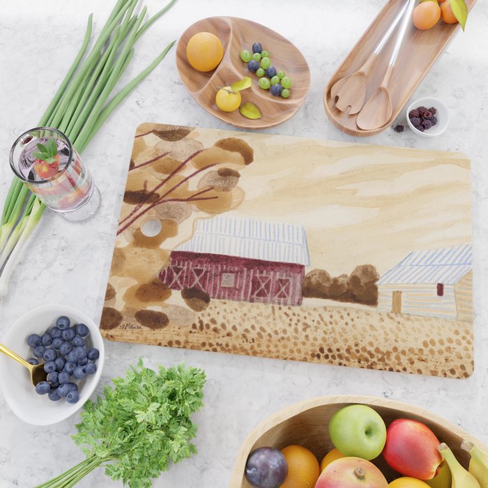 Rustic Country Barn Painting in Yellow Ochre & Brown Cutting Board Gallery Image 2