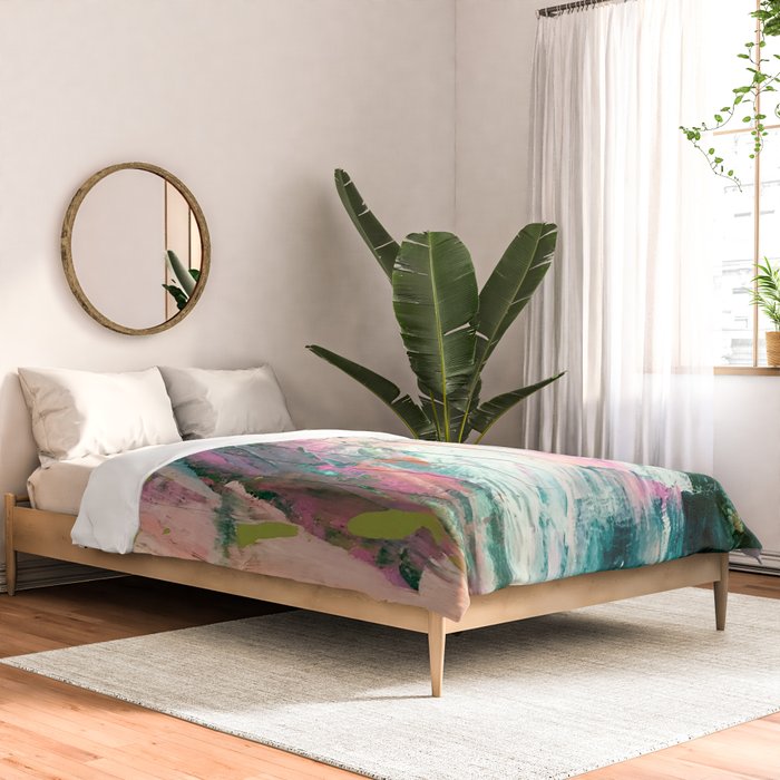 Meditate [2]: a vibrant, colorful abstract piece in bright green, teal, pink, orange, and white Comforter Gallery Image 2