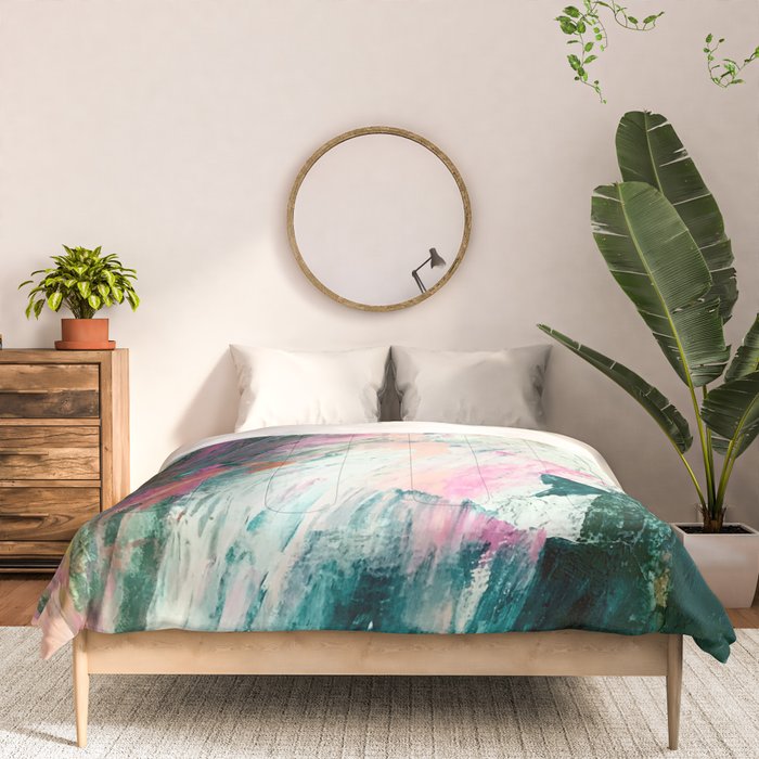 Meditate [2]: a vibrant, colorful abstract piece in bright green, teal, pink, orange, and white Comforter Gallery Image 3